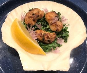 walleye cheeks served on sauteed greens in a scallop shell