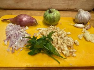 minced shallot, apple, garlic, and parsley
