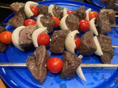 assemble, uncooked shish kabobs