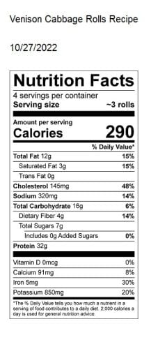 nutrition fact label for recipe